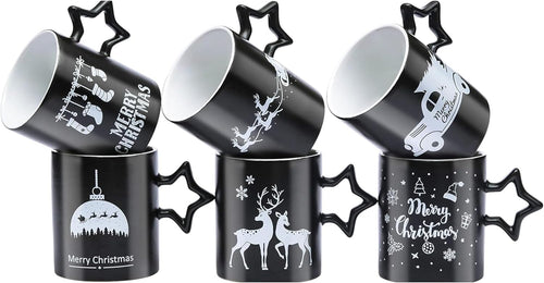 Black Coffee Mugs with Star Handle - Set of 6 Large 14 Ounce New Year Holidays Novelty Cups - Decorative DIY Mugs for Hot Chocolate Gift Sets